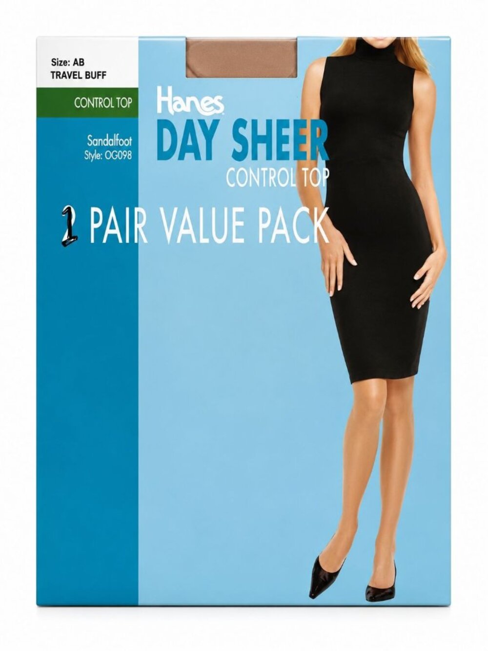 Hanes Day Sheer Control Top size AB Travel Buff Pantyhose Sandalfoot